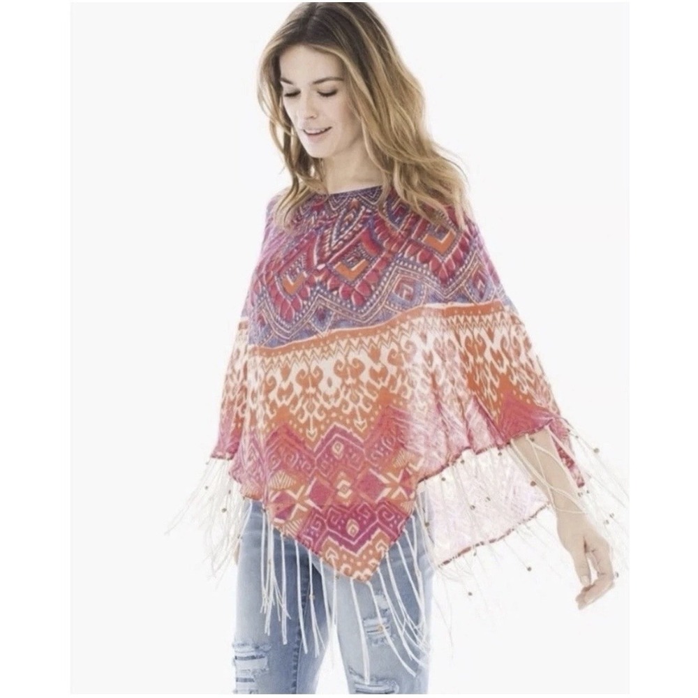 Chicos Phoebe Linen Poncho‎ Beaded Fringe Southwest Festival Boho OS